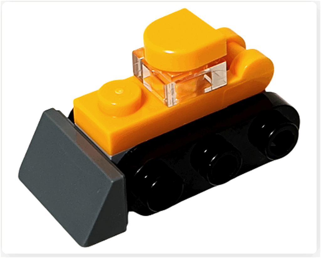 LEGO CITY 60475 Advent Calendar 2025（2日目）ミニ・ブルドーザーの完成形。黄色い車体にグレーブレードと黒い履帯を備えた前面アングル。