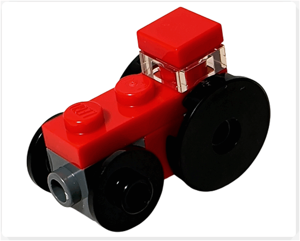 LEGO CITY 60475 Advent Calendar 2025（6日目）ミニ・トラクターの完成形。赤い車体と大型後輪、透明キャビンパーツが特徴の前面アングル。