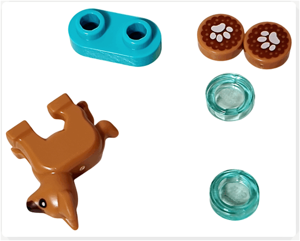LEGO CITY 60475 Advent Calendar 2025（7日目）子犬とフードボウルのパーツ構成。ブラウンの子犬、ターコイズの器、肉球プリントのフードが含まれる。