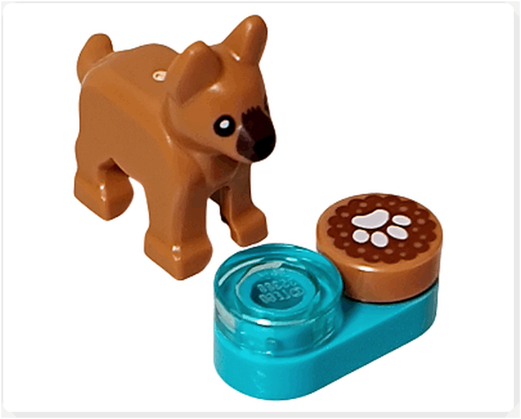 LEGO CITY 60475 Advent Calendar 2025（7日目）子犬とフードボウルの完成状態。ブラウンの子犬がターコイズの器の前に立つ前面アングル。