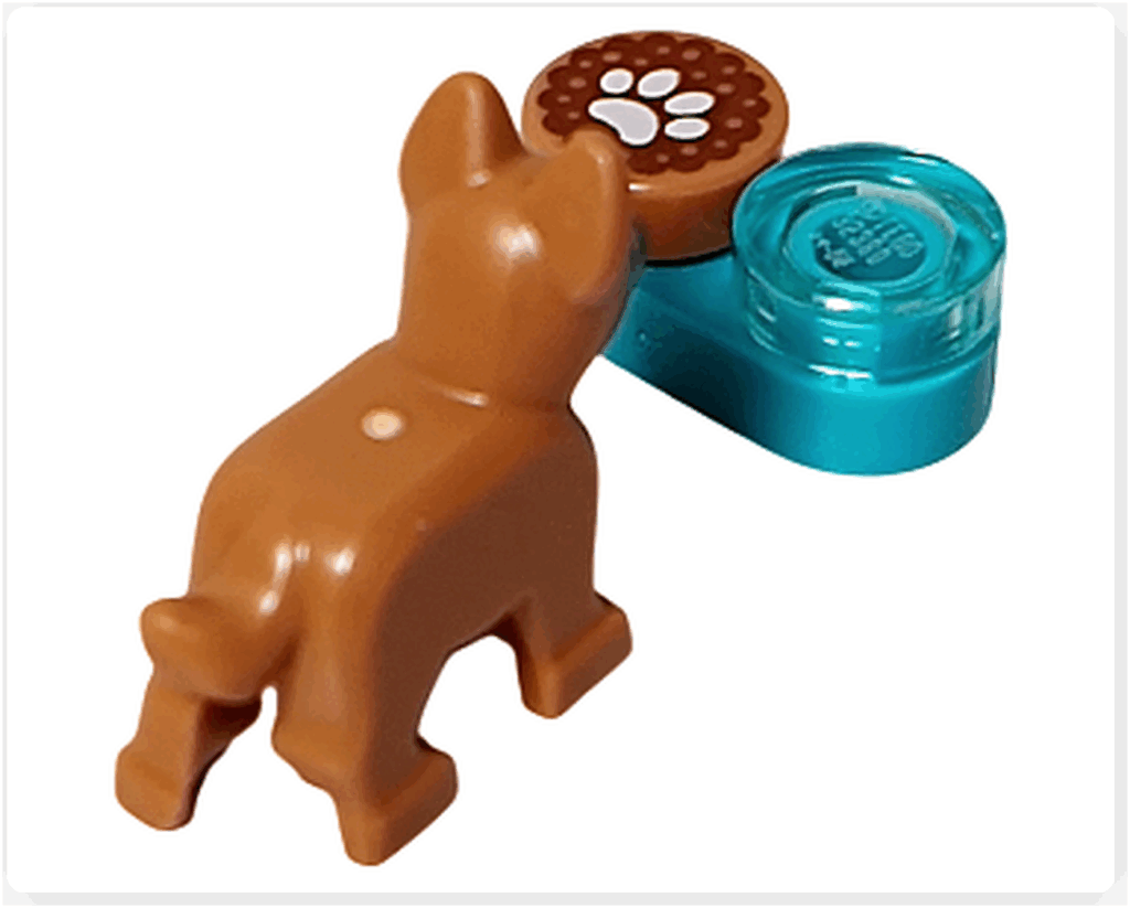 LEGO CITY 60475 Advent Calendar 2025（7日目）子犬とフードボウルの背面。ブラウンの子犬の後ろ姿と器の配置が見える後方ビュー。