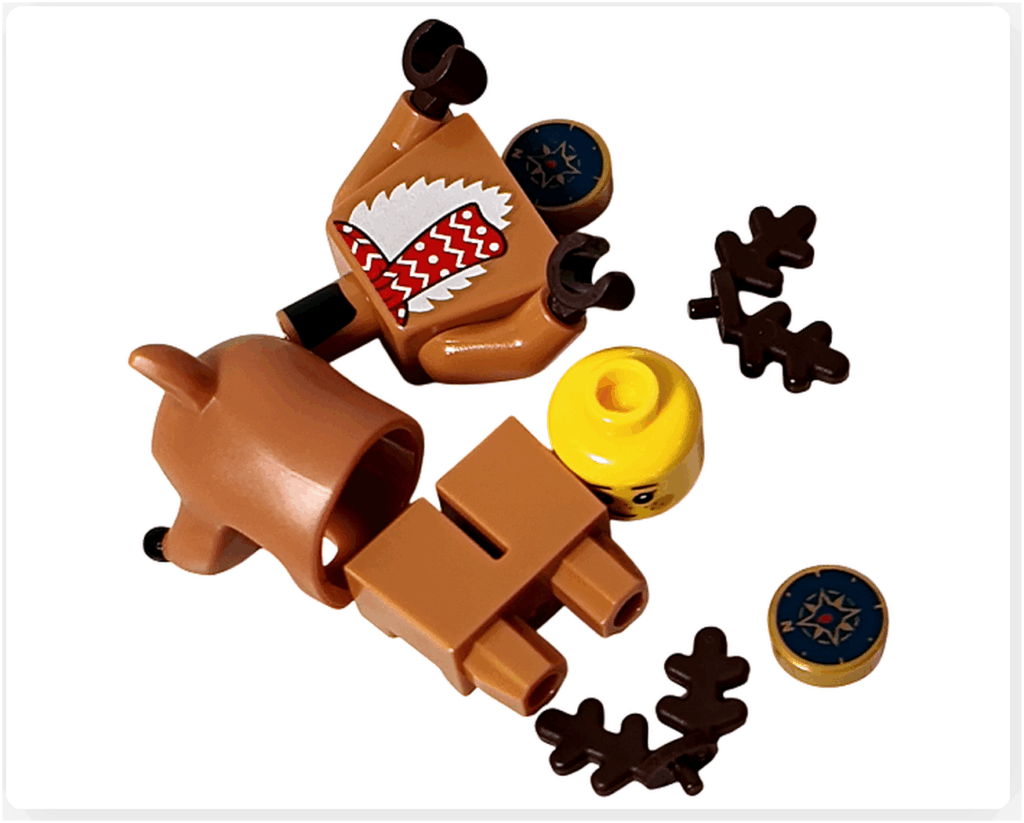 LEGO CITY 60475 Advent Calendar 2025（9日目）トナカイコスチュームの女の子のパーツ一式を上から見た構成写真。角フード・胴体・脚パーツ・顔・丸タイルなどが並んでいる。