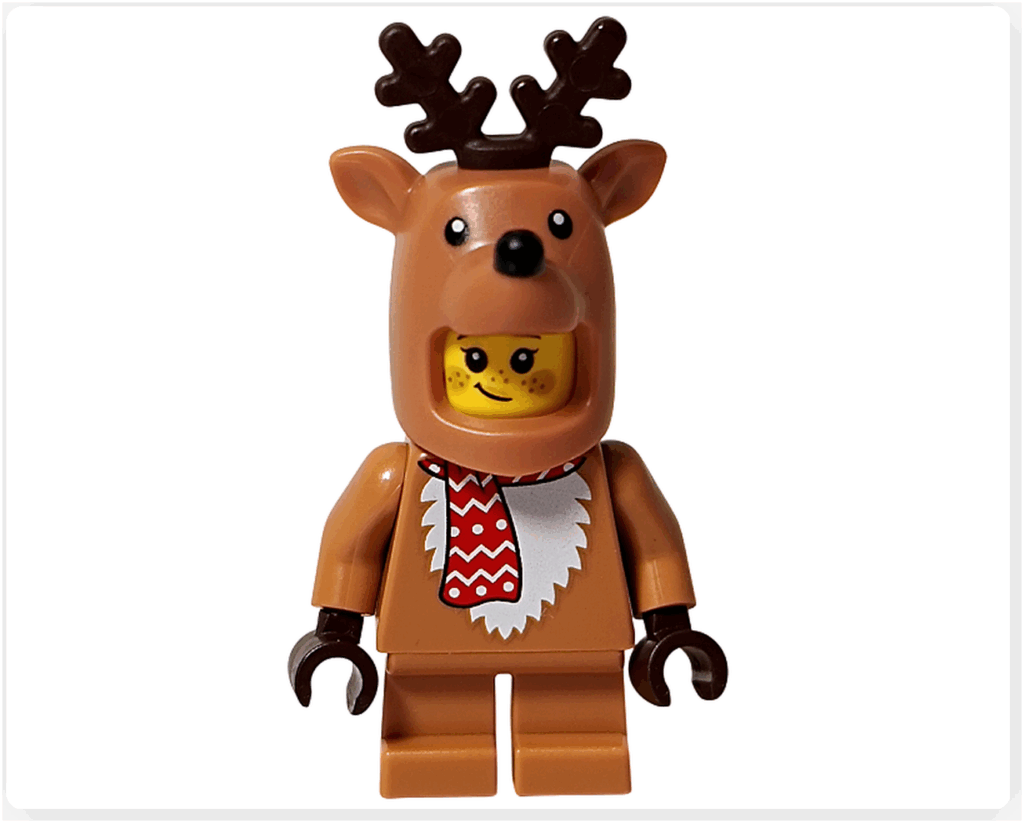 LEGO CITY 60475 Advent Calendar 2025（9日目）トナカイコスチュームの女の子の背面ミニフィグ。白いしっぽとマフラー柄がプリントされ、頭部フードの造形も分かる後ろ向きの姿。