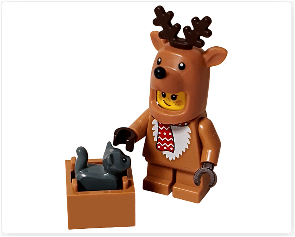 LEGO CITY 60475 Advent Calendar 2025（11日目）トナカイコスチュームの女の子ミニフィグが、箱に入った子猫に手を伸ばしているシーン写真。