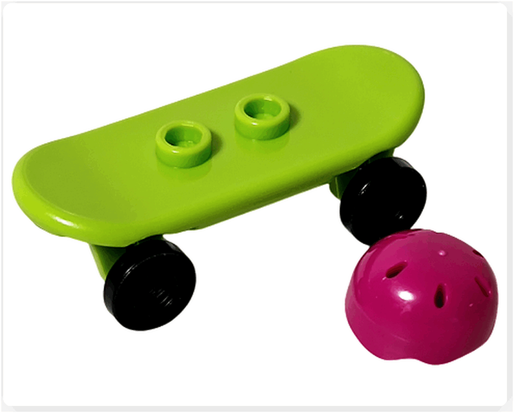 LEGO CITY 60475 Advent Calendar 2025（12日目）組み立て済みのスケボーとピンクのヘルメットを横から撮影した写真。車輪付きのスケートボードが完成した状態。