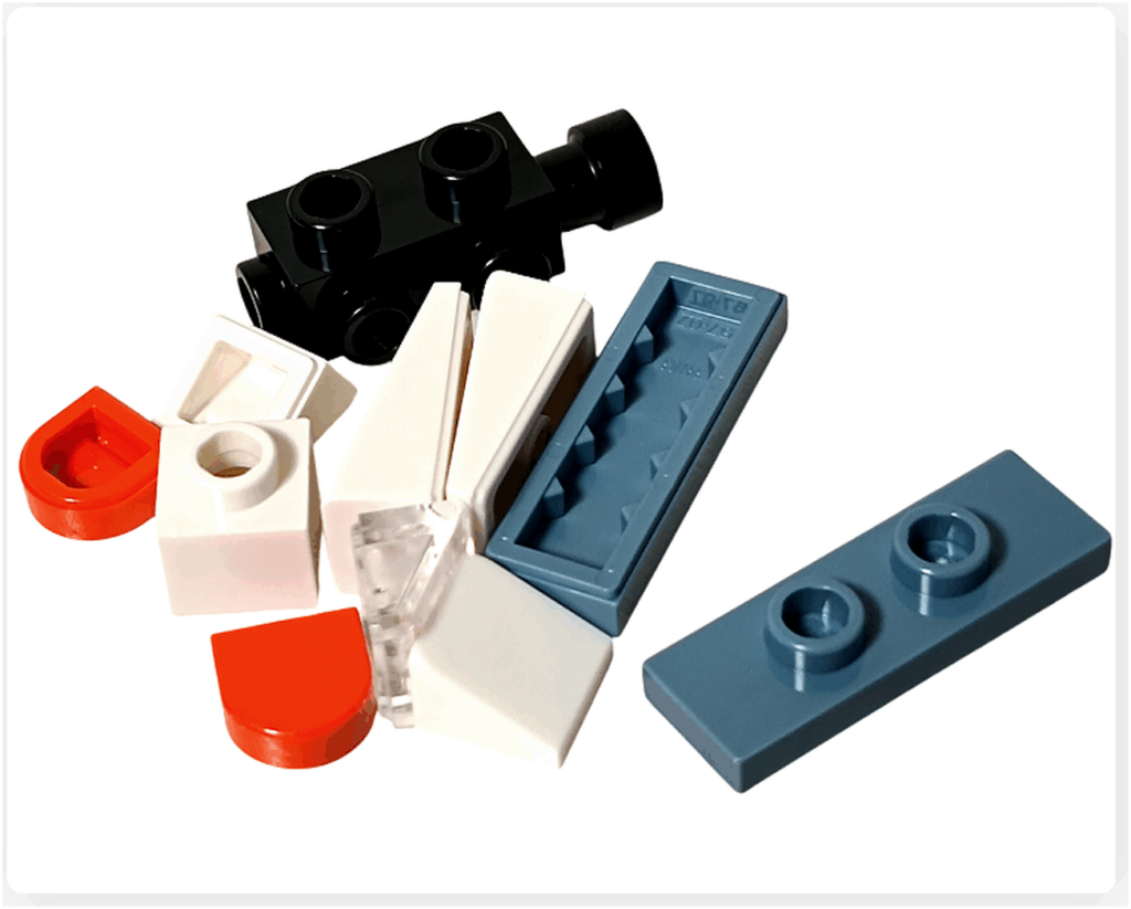 LEGO CITY 60475 Advent Calendar 2025（14日目）おもちゃの宇宙船のパーツ一式。白・青・黒のブロックやクリアパーツが並んだ構成写真。