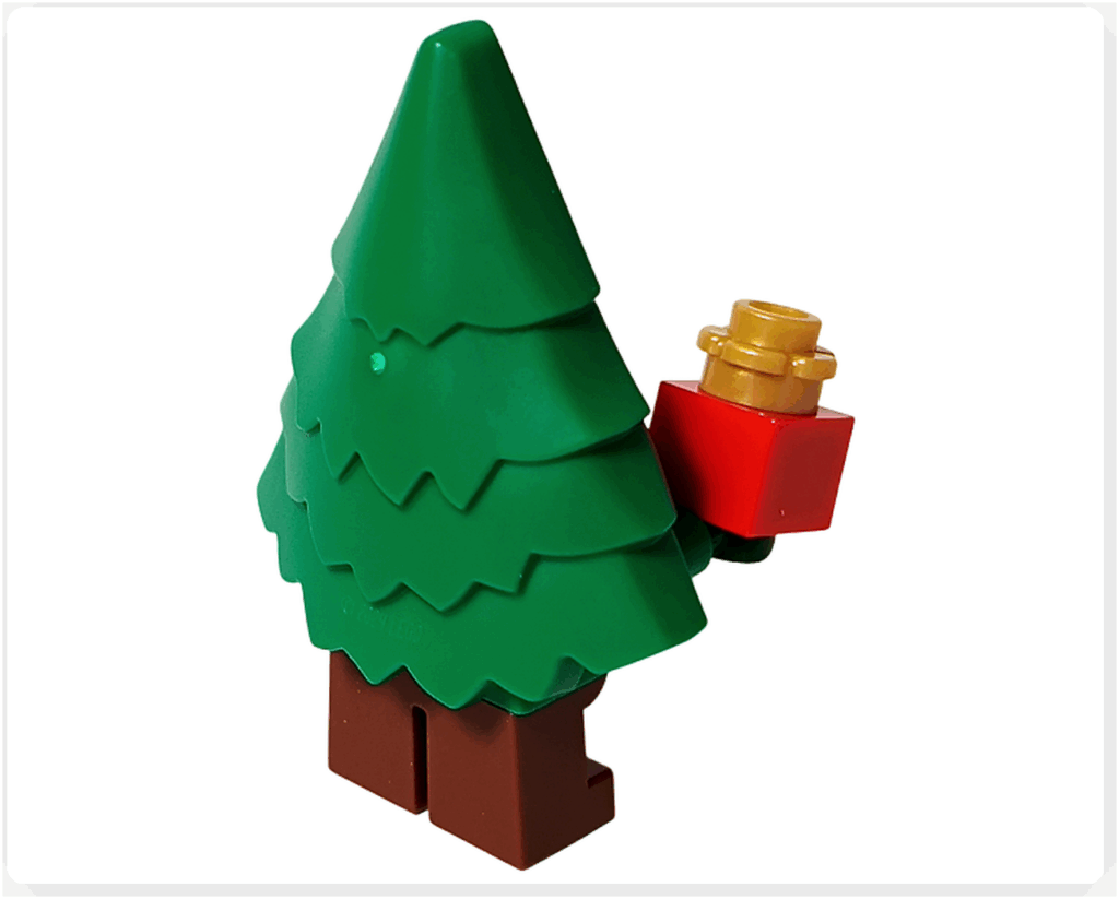 LEGO CITY 60475 Advent Calendar 2025(17日目)ツリーコスチュームの男の子ミニフィグ背面。緑のもみの木パーツが重なったシルエットが見える後ろ向きのアングル。