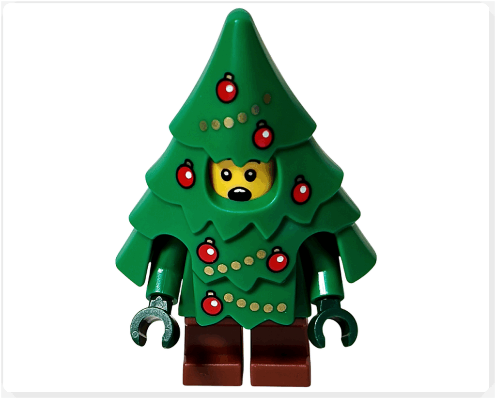 LEGO CITY 60475 Advent Calendar 2025(17日目)ツリーコスチュームの男の子ミニフィグ別表情。口を丸くした驚き顔がツリー外装の穴から見える正面アングル。