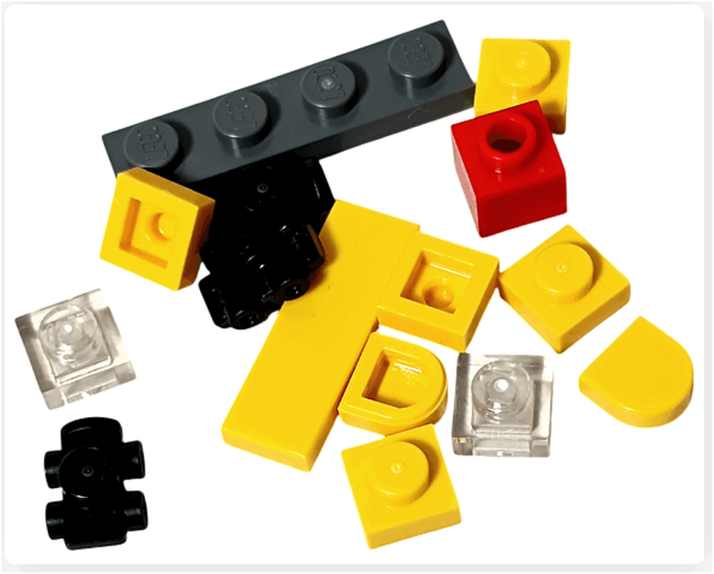 LEGO CITY 60475 Advent Calendar 2025(18日目)ミニ・トラックのパーツ構成。黄色とグレーの車体ブロック、赤い貨物パーツ、クリアパーツなどが含まれる。