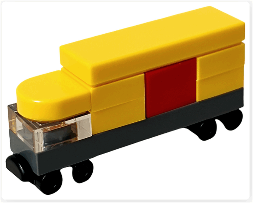 LEGO CITY 60475 Advent Calendar 2025(18日目)ミニ・トラックの完成形。黄色い車体と赤い貨物部分、クリアフロントが特徴の前面アングル。