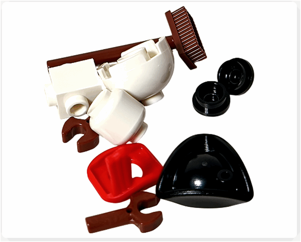 LEGO CITY 60475 Advent Calendar 2025(19日目)雪だるまのパーツ構成。白いボディ、黒い帽子、赤いマフラー、デッキブラシパーツなどが含まれる。