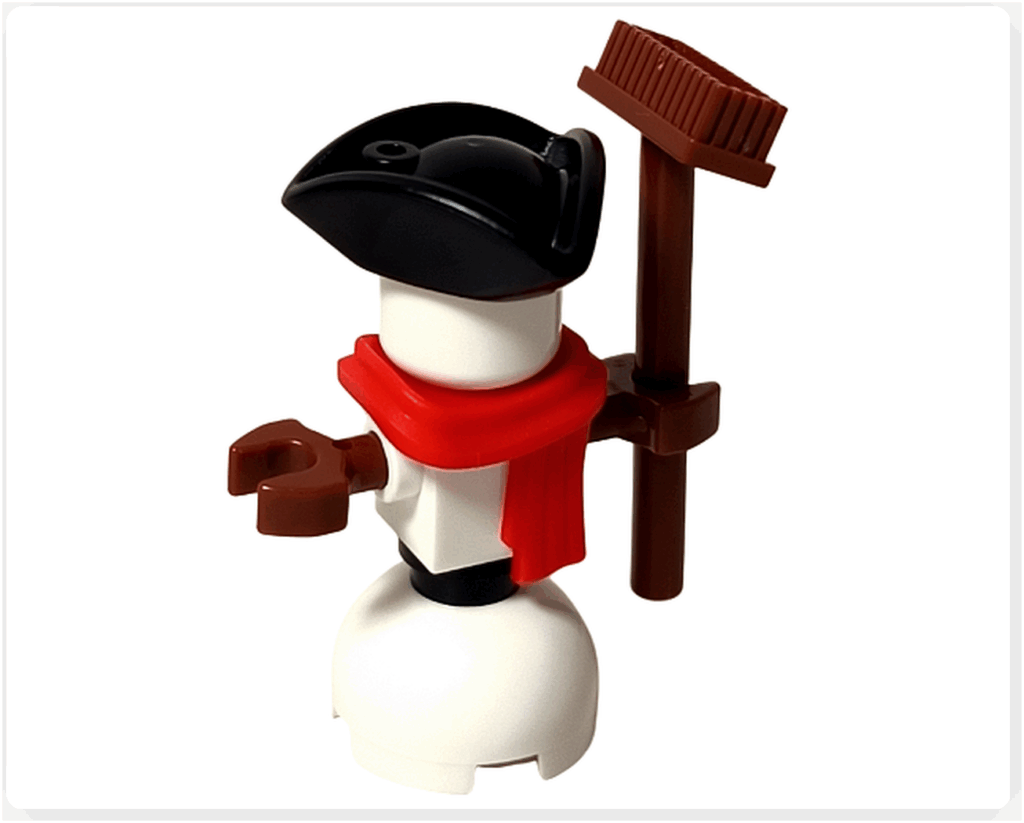 LEGO CITY 60475 Advent Calendar 2025(19日目)完成した雪だるま。黒い帽子と赤いマフラー、デッキブラシを持った正面アングル。