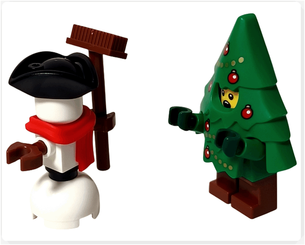 LEGO CITY 60475 Advent Calendar 2025(19日目)雪だるまとツリーコスチュームの男の子のシーン。大きな雪だるまを前に驚く男の子の構図。