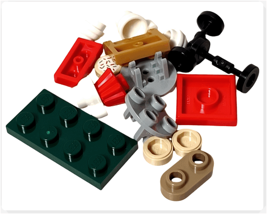 LEGO CITY 60475 Advent Calendar 2025(20日目)フードカートのパーツ構成。赤・緑・ゴールドの本体用パーツと、カップやカップケーキなどの小物類が含まれる。