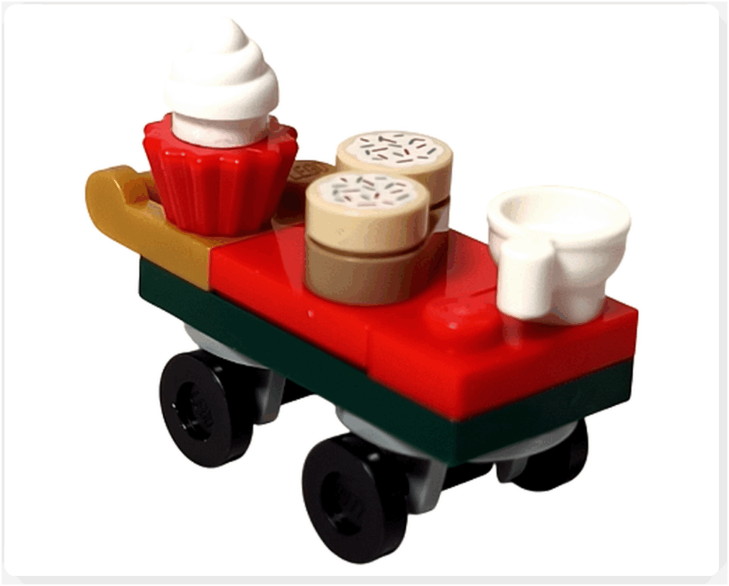 LEGO CITY 60475 Advent Calendar 2025(20日目)完成したフードカート。カップケーキ、クッキー、白いマグなどが載った完成状態。