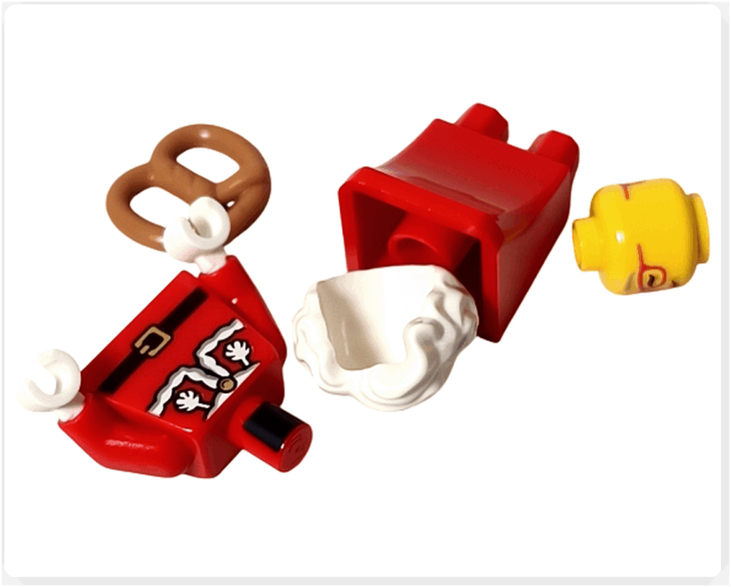 LEGO CITY 60475 Advent Calendar 2025(21日目)ミセス・サンタのパーツ構成。赤いローブの胴体、白髪パーツ、プレッツェルが含まれる。