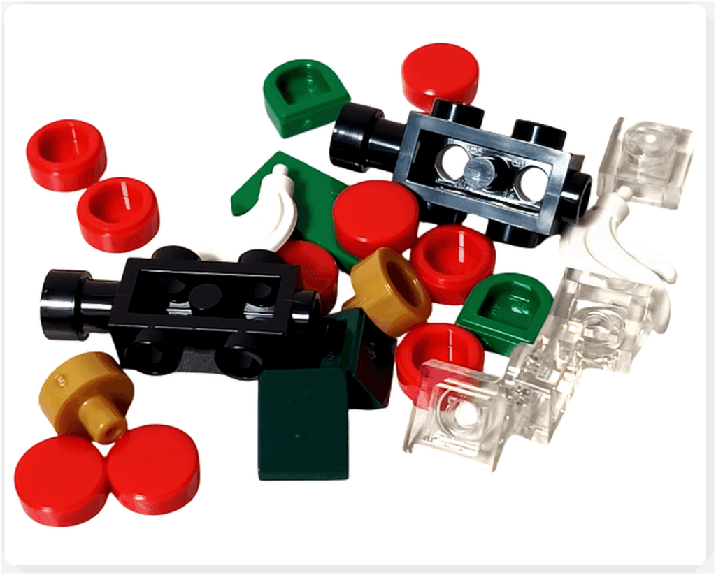 LEGO CITY 60475 Advent Calendar 2025(22日目)ミニ・トレインのパーツ構成。赤い車輪、黒い車体、煙突パーツ、クリアブロックなどが並ぶ。