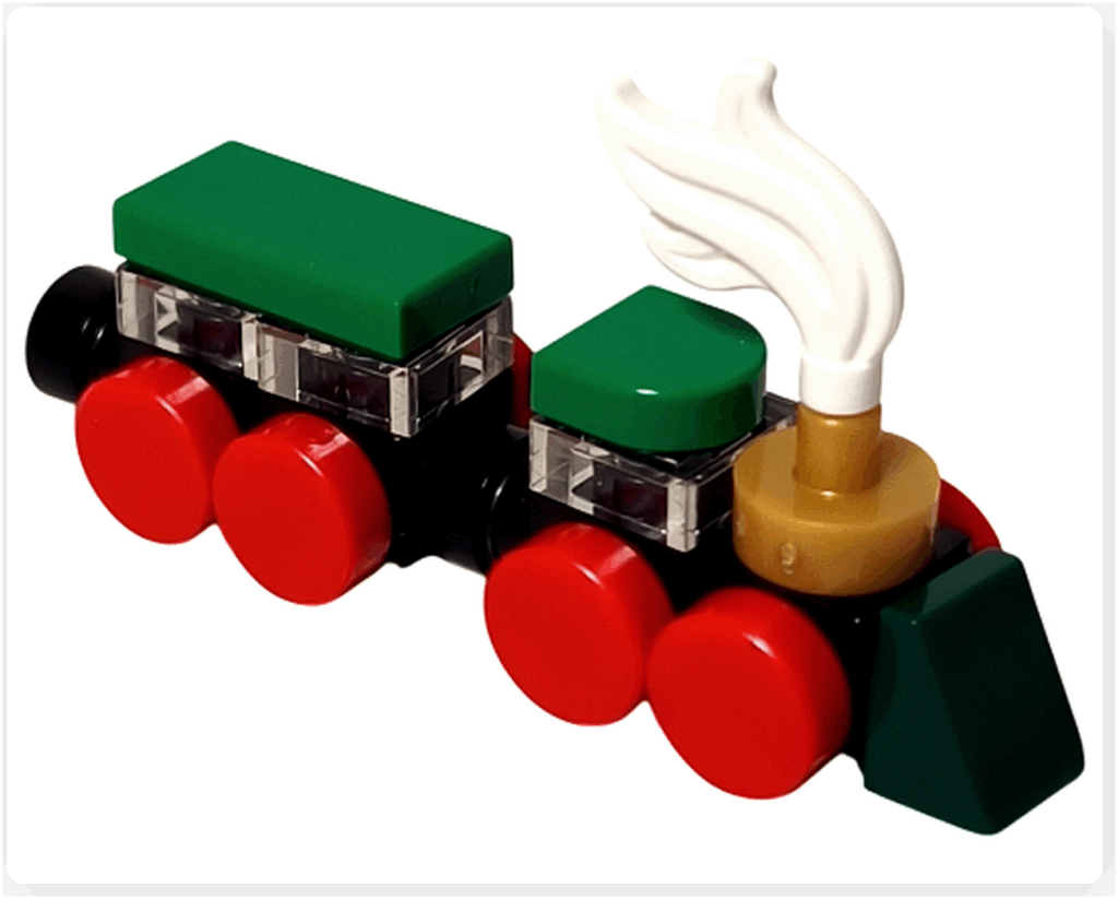 LEGO CITY 60475 Advent Calendar 2025(22日目)ミニ・トレイン完成形。赤い車輪と緑の屋根、白い煙を備えたクリスマスカラーの列車モデル。