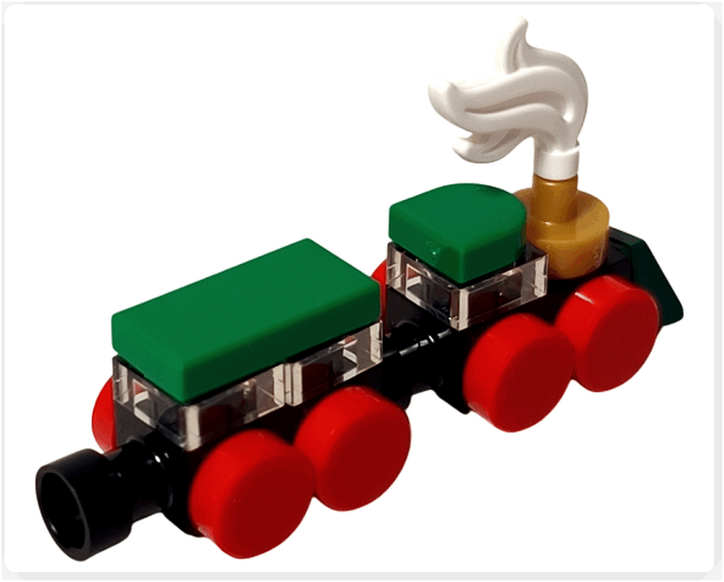 LEGO CITY 60475 Advent Calendar 2025(22日目)ミニ・トレインの背面アングル。黒い車体と赤い車輪の後方構造が見える。