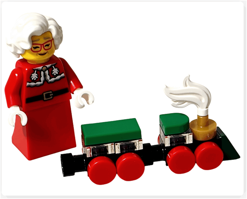 LEGO CITY 60475 Advent Calendar 2025(22日目)ミセス・サンタがミニ・トレインを見守るシーン。赤い車輪の列車とミニフィグの並び構図。