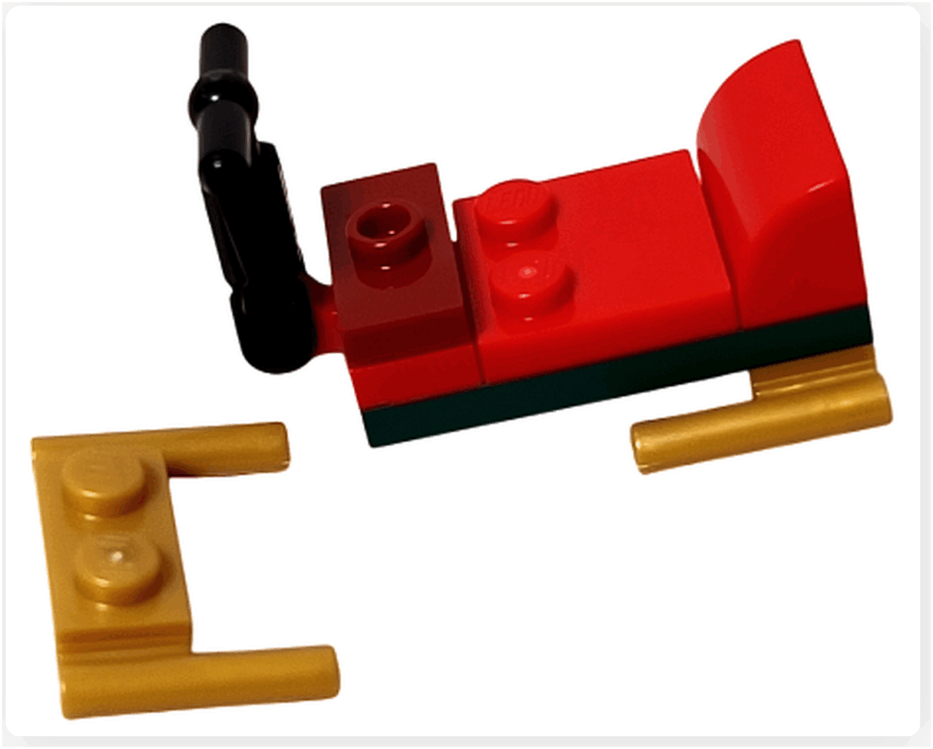 LEGO CITY 60475 Advent Calendar 2025(23日目)ソリの組立途中。赤い座面と黒いハンドルが取り付けられた状態。