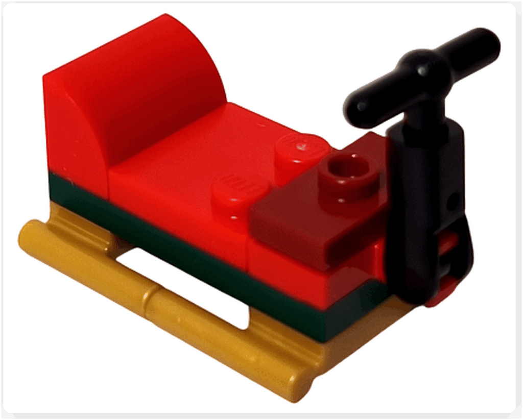 LEGO CITY 60475 Advent Calendar 2025(23日目)完成したソリ。赤いボディとゴールドのランナーを備えた前方アングル。