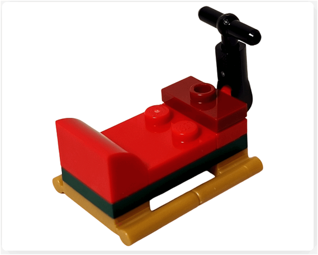 LEGO CITY 60475 Advent Calendar 2025(23日目)ソリの背面。赤い後部パーツとゴールドランナーが見える後方アングル。