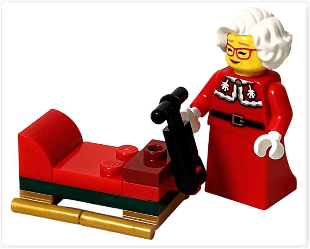 LEGO CITY 60475 Advent Calendar 2025(23日目)ミセス・サンタがソリを手入れするシーン。赤いローブ姿のミニフィグとソリの組み合わせ。