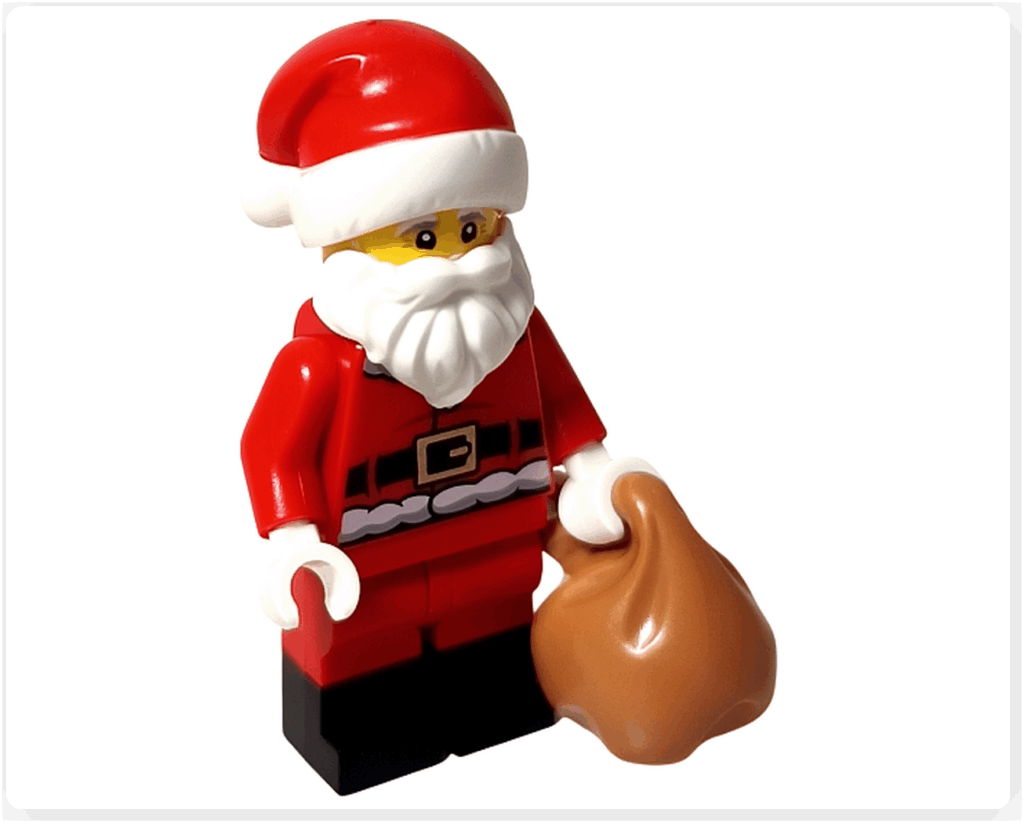 LEGO CITY 60475 Advent Calendar 2025(24日目)サンタクロースのミニフィグ完成形。赤い衣装に白いヒゲを付け、プレゼント袋を持った正面アングル。