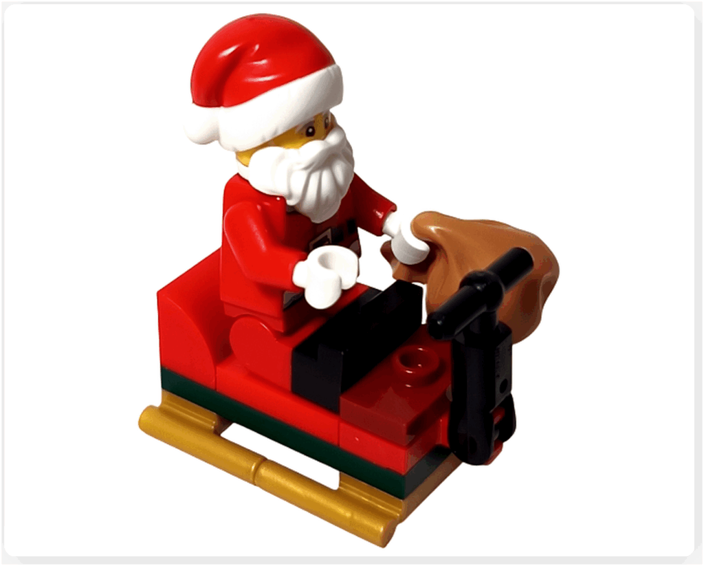 LEGO CITY 60475 Advent Calendar 2025(24日目)ソリに乗ったサンタクロースのシーン。赤い衣装のミニフィグがプレゼント袋を持ち、ソリに座って出発する構図。