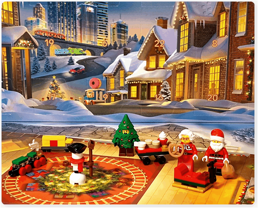 LEGO CITY 60475 Advent Calendar 2025(19〜24日目まとめ)ツリーコスチュームの男の子、雪だるま、ミニトレイン、フードカート、ミセス・サンタ、サンタクロースが並ぶシーン。背景に雪景色のプレイマットを配置した集合アングル。