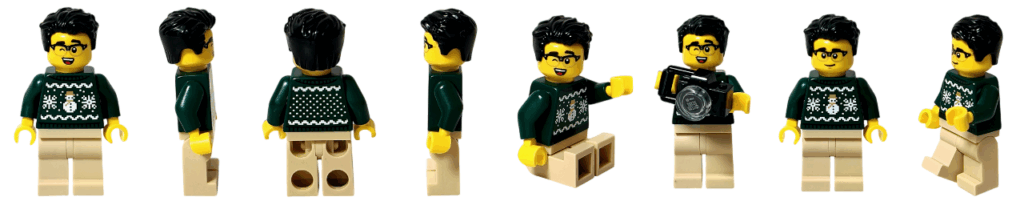 LEGO City 60475 Advent Calendar 2025 ミニフィグ（カメラを構えた男性・8アングルまとめ：正面／右側面／背面／左側面／座りポーズ／カメラ撮影ポーズ／通常フェイス正面／通常フェイス斜め）