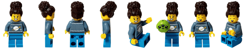 LEGO City 60475 Advent Calendar 2025 ミニフィグ（エイリアンぬいぐるみの女性・8アングルまとめ：正面／右側面／背面／左側面／座りポーズ／ぬいぐるみを抱えるポーズ／別表情正面／別表情座り）