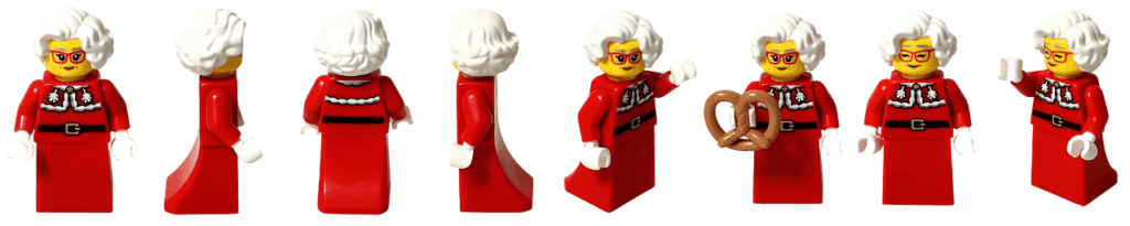 LEGO City 60475 Advent Calendar 2025 ミニフィグ（ミセス・サンタ・8アングルまとめ：正面／右側面／背面／左側面／手を挙げるポーズ／プレッツェル持ち／別表情正面／別表情手を挙げるポーズ）