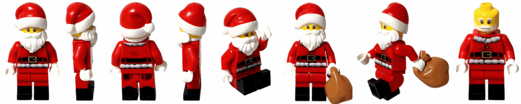 LEGO City 60475 Advent Calendar 2025 ミニフィグ（サンタクロース・8アングルまとめ：正面／側面2種／背面／座りポーズ／プレゼント袋持ち正面／袋持ち移動ポーズ／髭・帽子なし素顔）