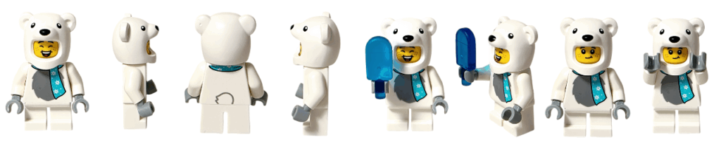 LEGO CITY 60475 ホッキョクグマコスチュームの男の子ミニフィグ 8方向・ポーズ比較（4方向ビュー、アイスキャンディー持ち、別表情、両手をあげたポーズをまとめたサムネイル画像）