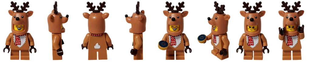 LEGO CITY 60475 Advent Calendar 2025 トナカイコスチュームの女の子ミニフィグ｜正面・左右側面・背面・おやつ持ち・別角度・別表情・両手をあげたポーズをまとめた8カットのサムネイル画像