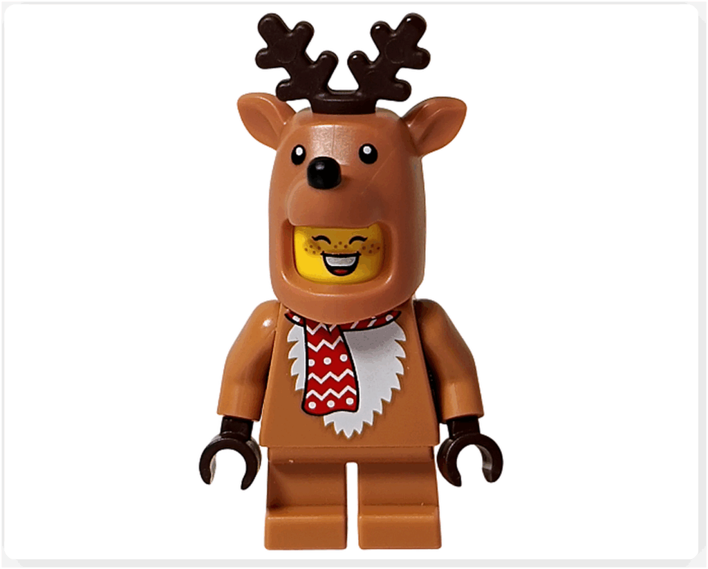 LEGO CITY 60475 Advent Calendar 2025 トナカイコスチュームの女の子ミニフィグ 正面。にっこり笑顔で矯正が見える表情。