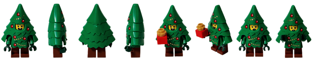 LEGO CITY 60475 Advent Calendar 2025 ツリーコスチュームの男の子ミニフィギュア。正面・側面・背面の4方向と、プレゼント持ち・別角度・別表情・両手をあげたポーズを並べた8枚サムネイル画像