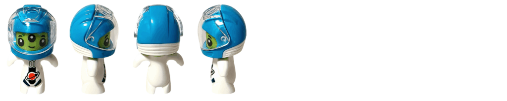 LEGO CITY 60475 Advent Calendar 2025 宇宙服を着たエイリアンの4方向ショット。正面・左右・背面から青いヘルメットと3つ目の顔が見えるミニフィグの比較画像。