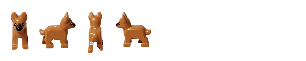 LEGO CITY 60475 Advent Calendar 2025 子犬フィギュア 4方向ショットまとめ。正面・左側面・背面・右側面の姿を並べたサムネイル画像。