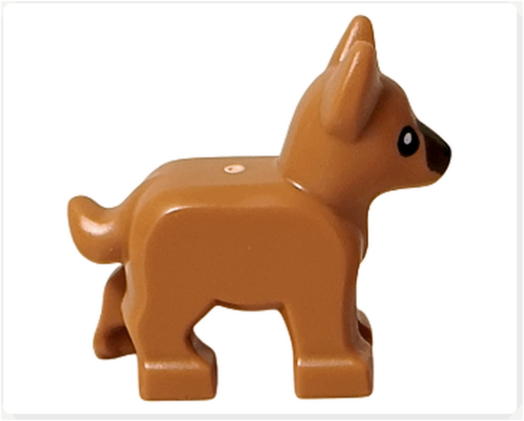 LEGO CITY 60475 Advent Calendar 2025 子犬フィギュア 右側面。顔のプリントと脚の形が見える。