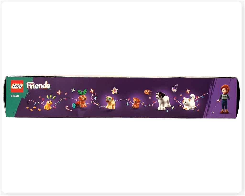 LEGO Friends 41758「アドベントカレンダー2023」パッケージ側面。 チュロスやピクルスなどのペットたちが並び、右端にオータムのミニドール。仲間紹介のような華やかなデザイン。