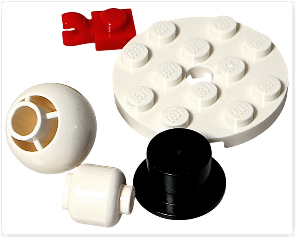 LEGO Friends 41758「アドベントカレンダー2023」６日目のパーツ。 白い球体ブロック、円形プレート、赤いクリップ、黒いハットなどが入った雪だるま用セット。