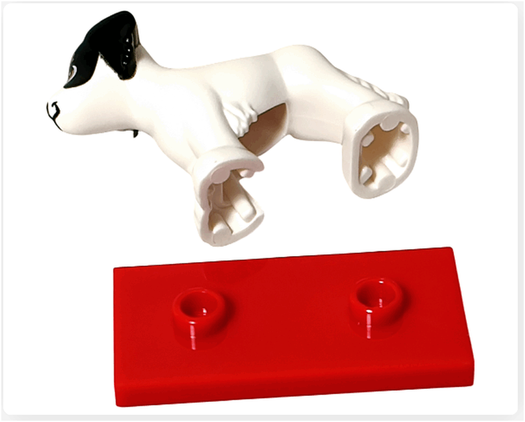 LEGO Friends 41758「アドベントカレンダー2023」9日目のパーツ。白い犬デイジーと赤いスタンドプレートが入った展示タイプのミニモデルです。