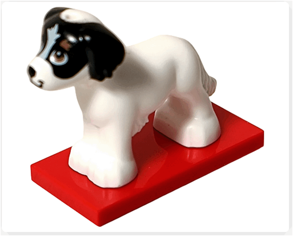 LEGO Friends 41758「アドベントカレンダー2023」9日目の完成モデル。白い犬デイジーが赤いスタンドに立ち、黒い模様と丸い目が特徴の正面ショットです。