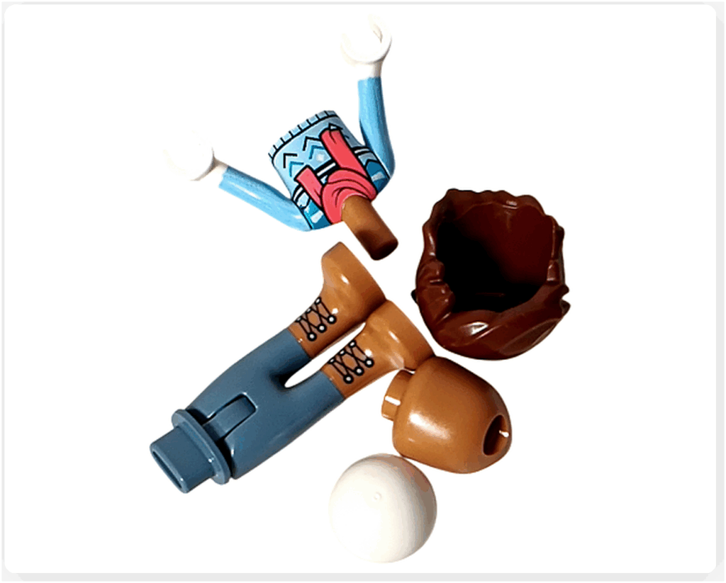 LEGO Friends 41758「アドベントカレンダー2023」11日目のパーツ。レオの髪・頭・上半身・脚パーツと白い雪玉が入ったミニドールセットです。