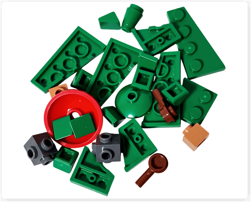 LEGO Friends 41758「アドベントカレンダー2023」12日目のパーツ。緑のスロープ、丸皿、コーン、台座用パーツなど、クリスマスツリーを組み立てるための小型ブロック一式です。