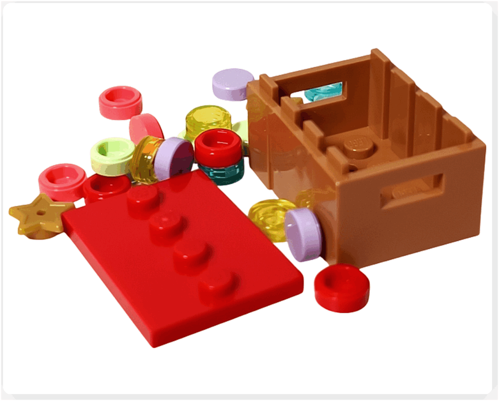 LEGO Friends 41758「アドベントカレンダー2023」13日目のパーツ。ブラウンの収納ボックス、赤いフタ、星形パーツ、透明タイル、パステルカラーの丸タイルなどツリーの飾り付け用パーツがセットになっています。