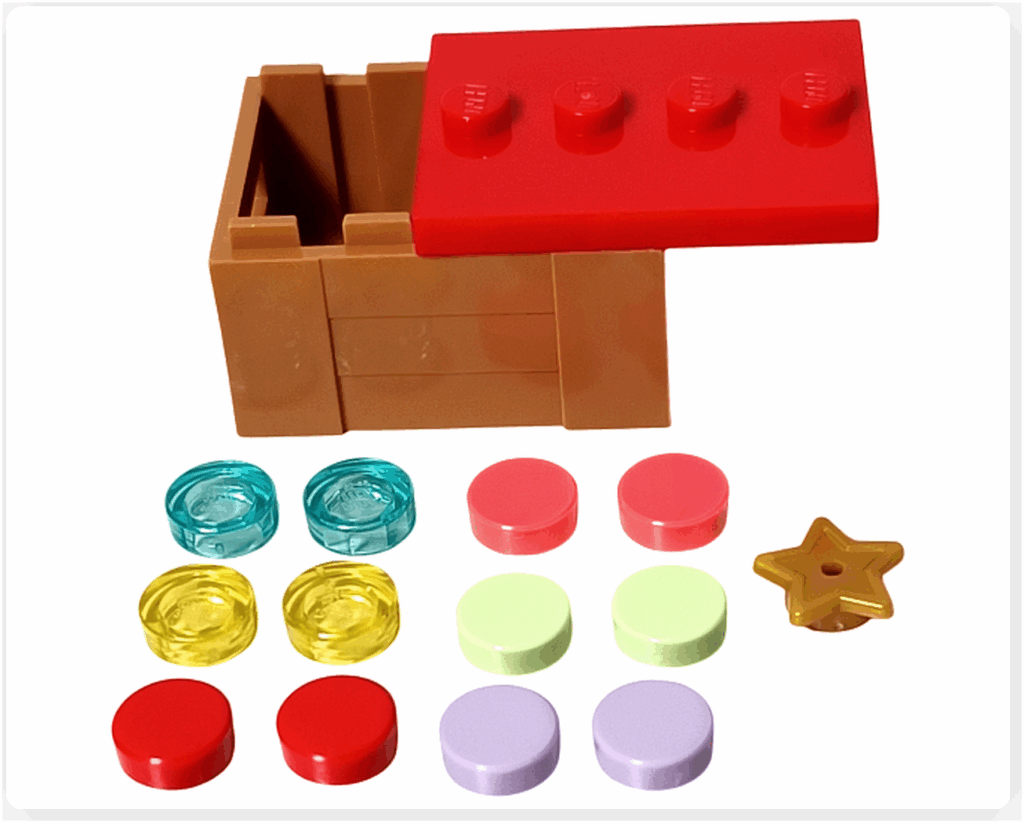 LEGO Friends 41758「アドベントカレンダー2023」13日目の完成品。ブラウンのボックスの前に星形や透明タイル、パステルカラーの丸タイルが整列し、ツリー用オーナメントとして並べられています。